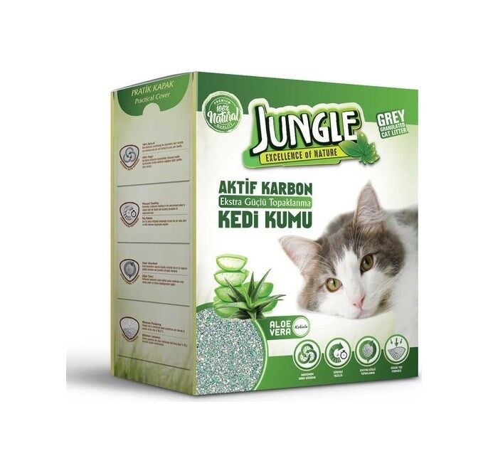 Jungle Aktif Karbonlu Aloe Vera Kokulu Gri İnce Topaklaşan Kedi Kumu 3 x 6 L