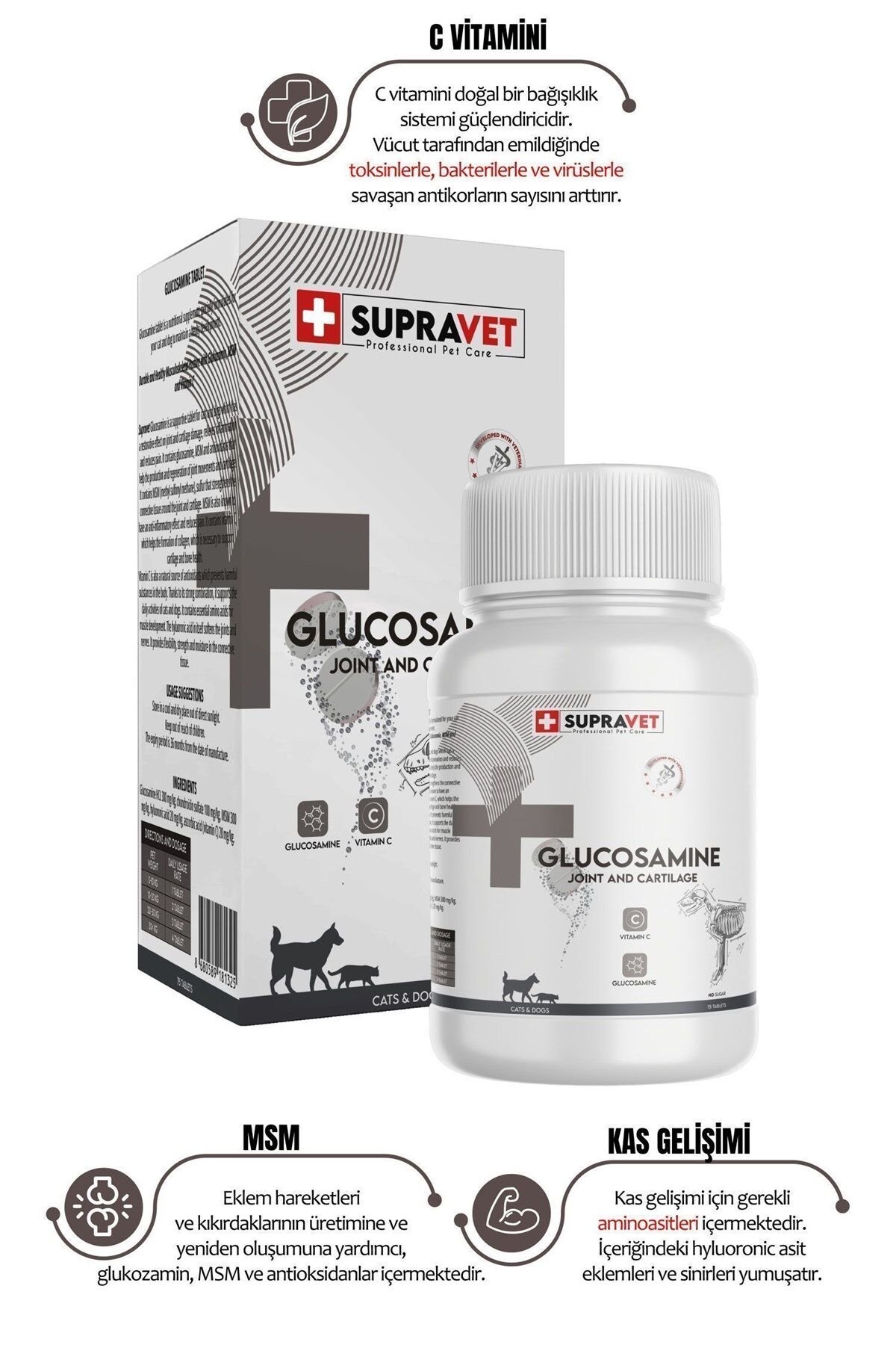 Supravet Glucosamine Kedi Ve Köpek Eklem Sağlığı Güçlendirici Glukozamin Tablet+Vitamin C 75 Tablet