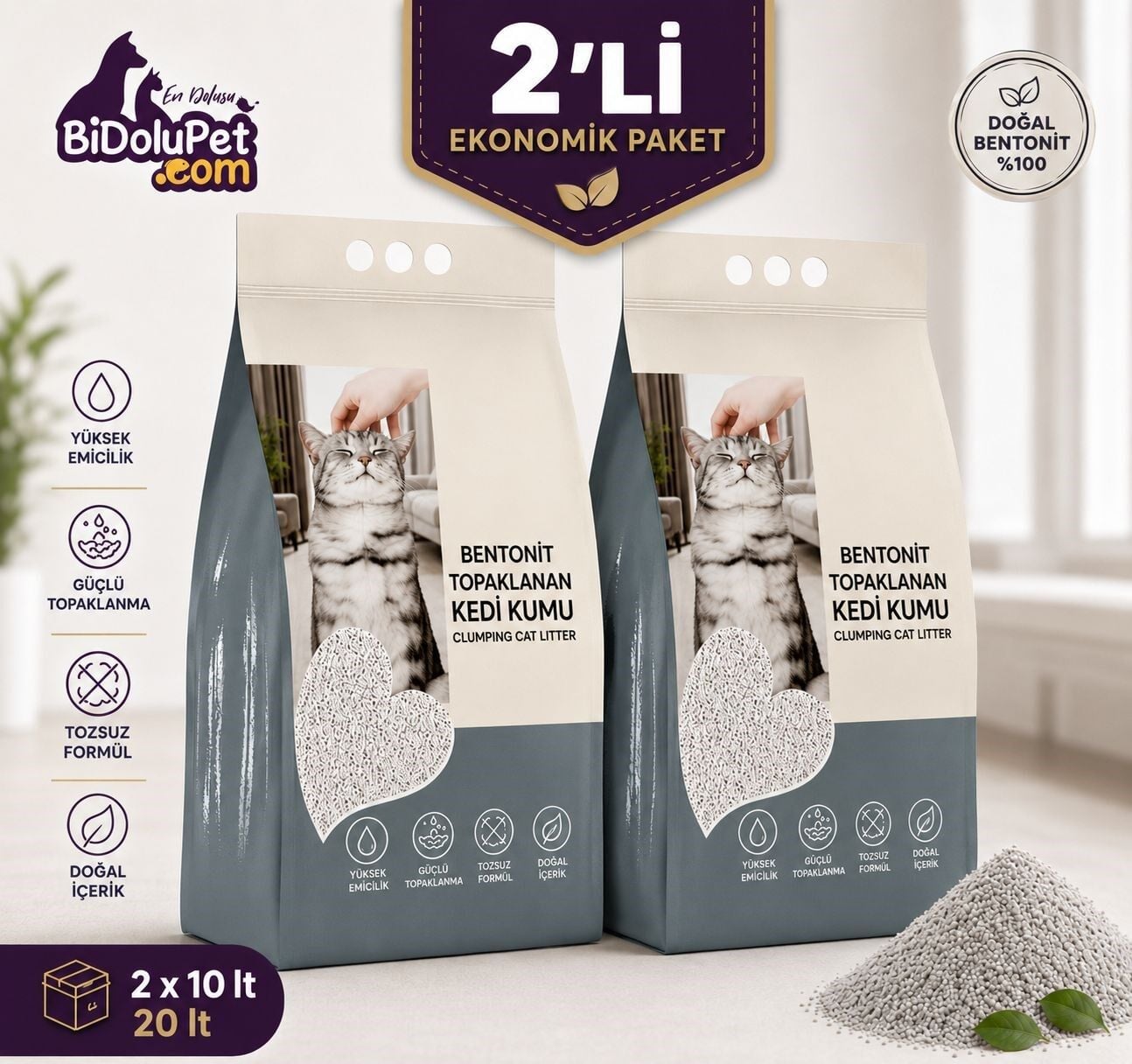 Animal World Aktif Karbonlu Topaklanan Bentonit Kedi Kumu 10 Lt x 2 Adet