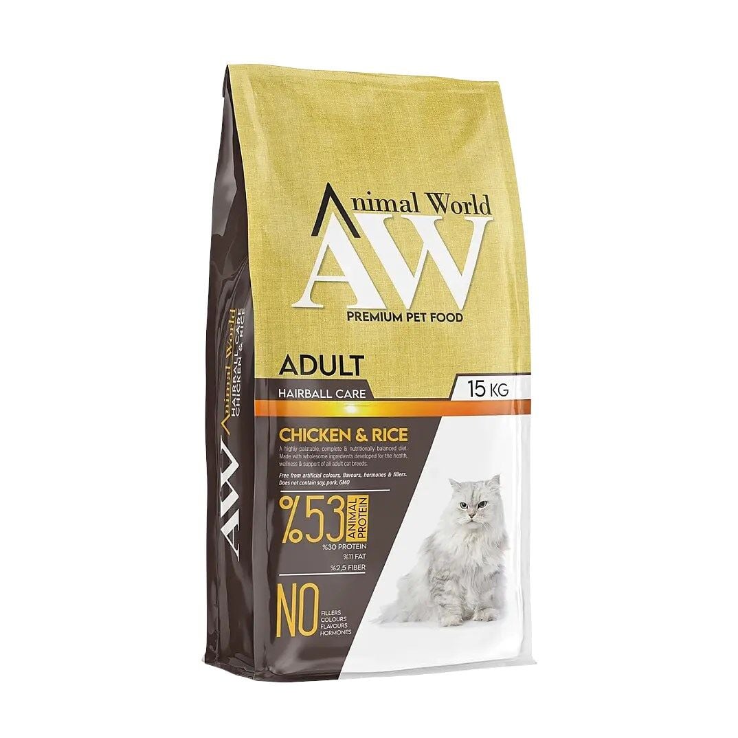 Animal World Hairball Care Tavuklu ve Pirinçli Yetişkin Kedi Maması 15 kg