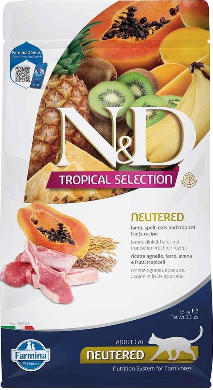 N&D Tropical Düşük Tahıllı Kuzulu Tropikal Meyveli Kısırlaştırılmış Yetişkin Kedi Maması 10 Kg